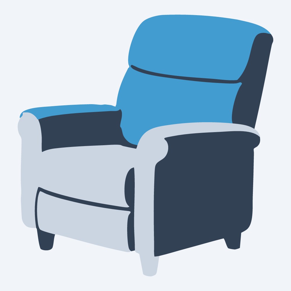 plush recliner chair vector, side view, flat 3-color in sky and slate