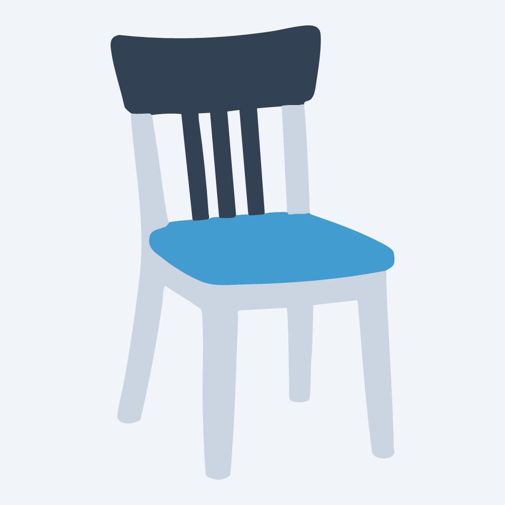 wooden kitchen chair vector, three-quarter view, flat 3-color in sky and slate