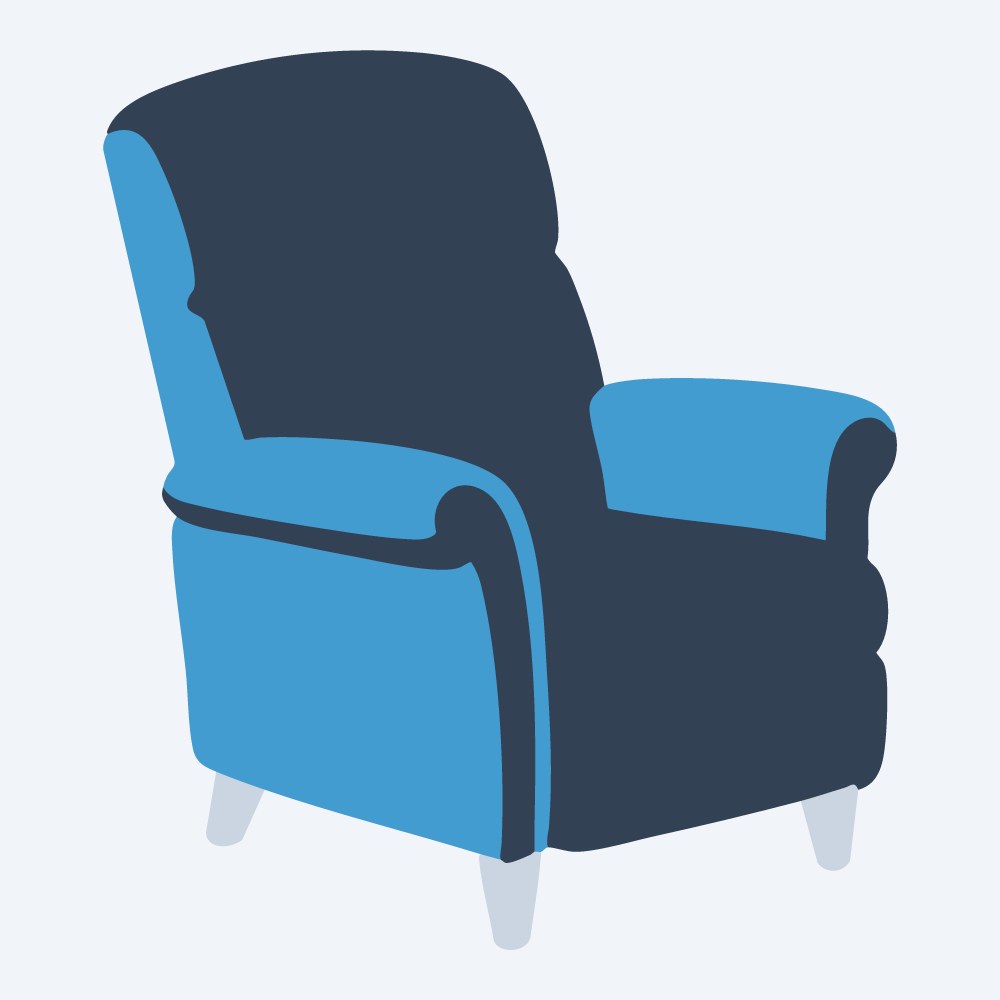 plush recliner chair vector, side view, flat 3-color in sky and slate
