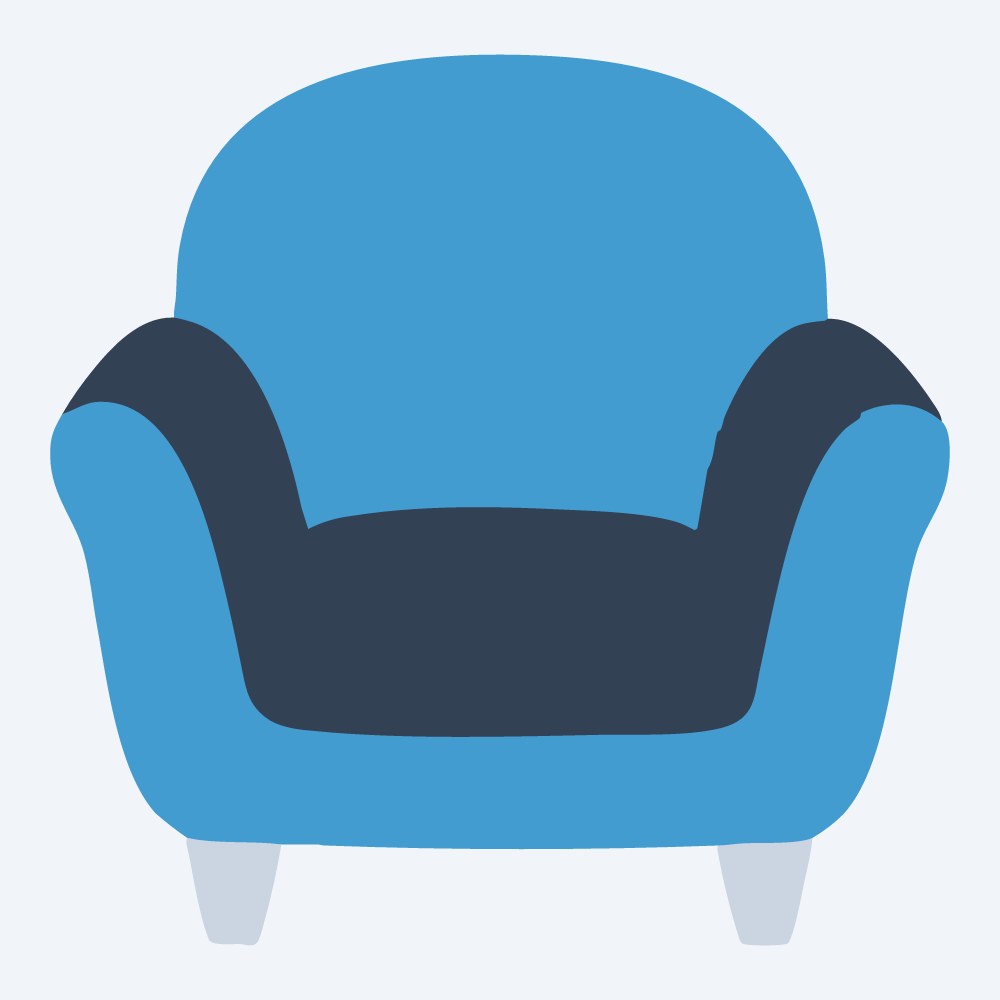 chubby armchair vector, front view, flat 3-color in sky and slate