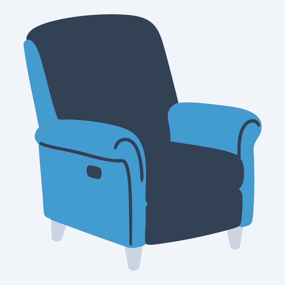 plush recliner chair vector, side view, flat 3-color in sky and slate