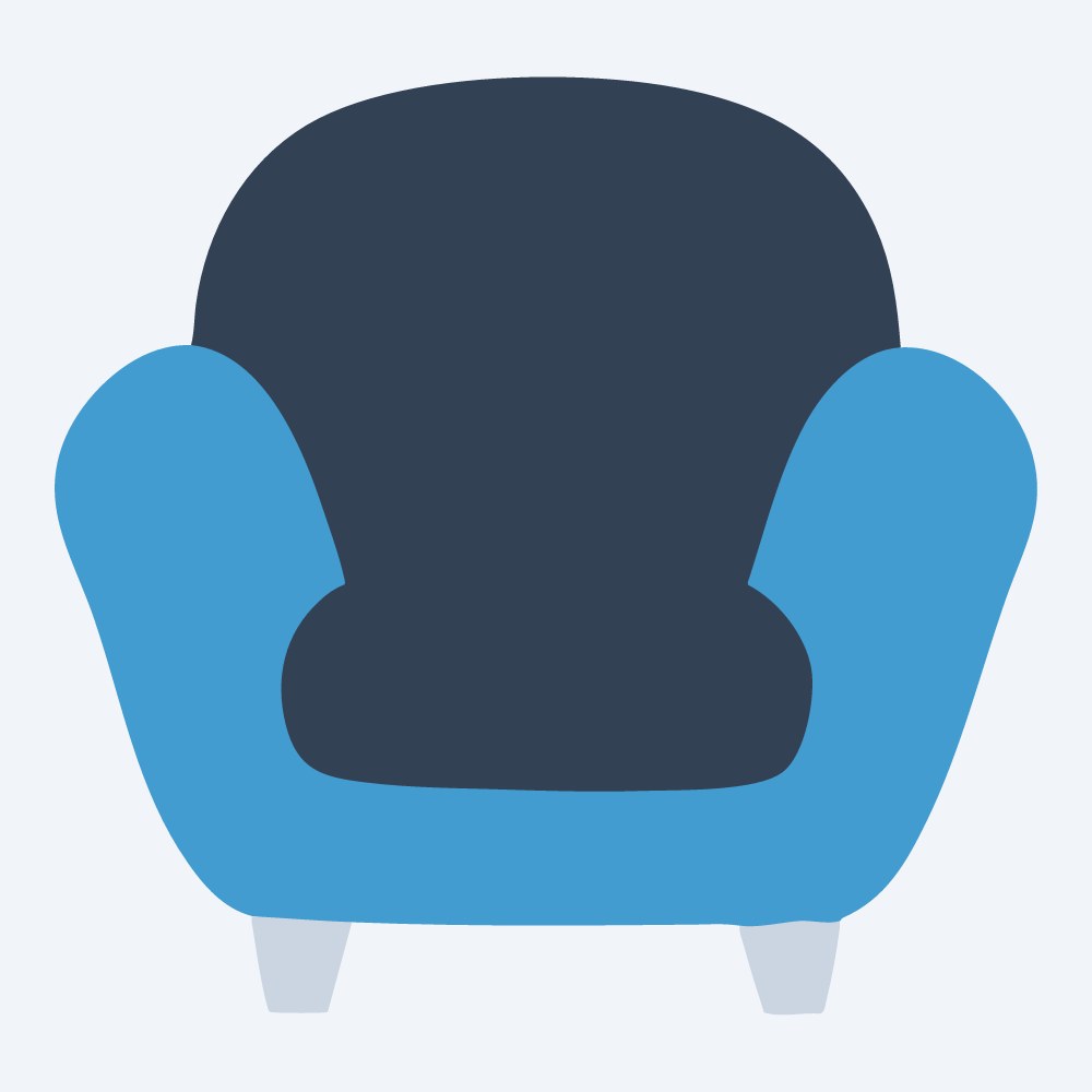 chubby armchair vector, front view, flat 3-color in sky and slate