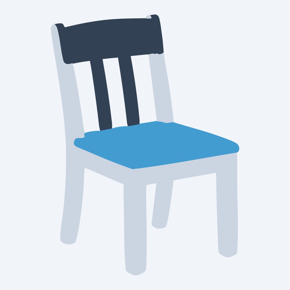 wooden kitchen chair vector, three-quarter view, flat 3-color in sky and slate