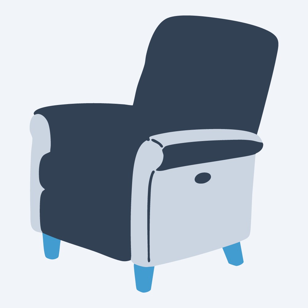 plush recliner chair vector, side view, flat 3-color in sky and slate