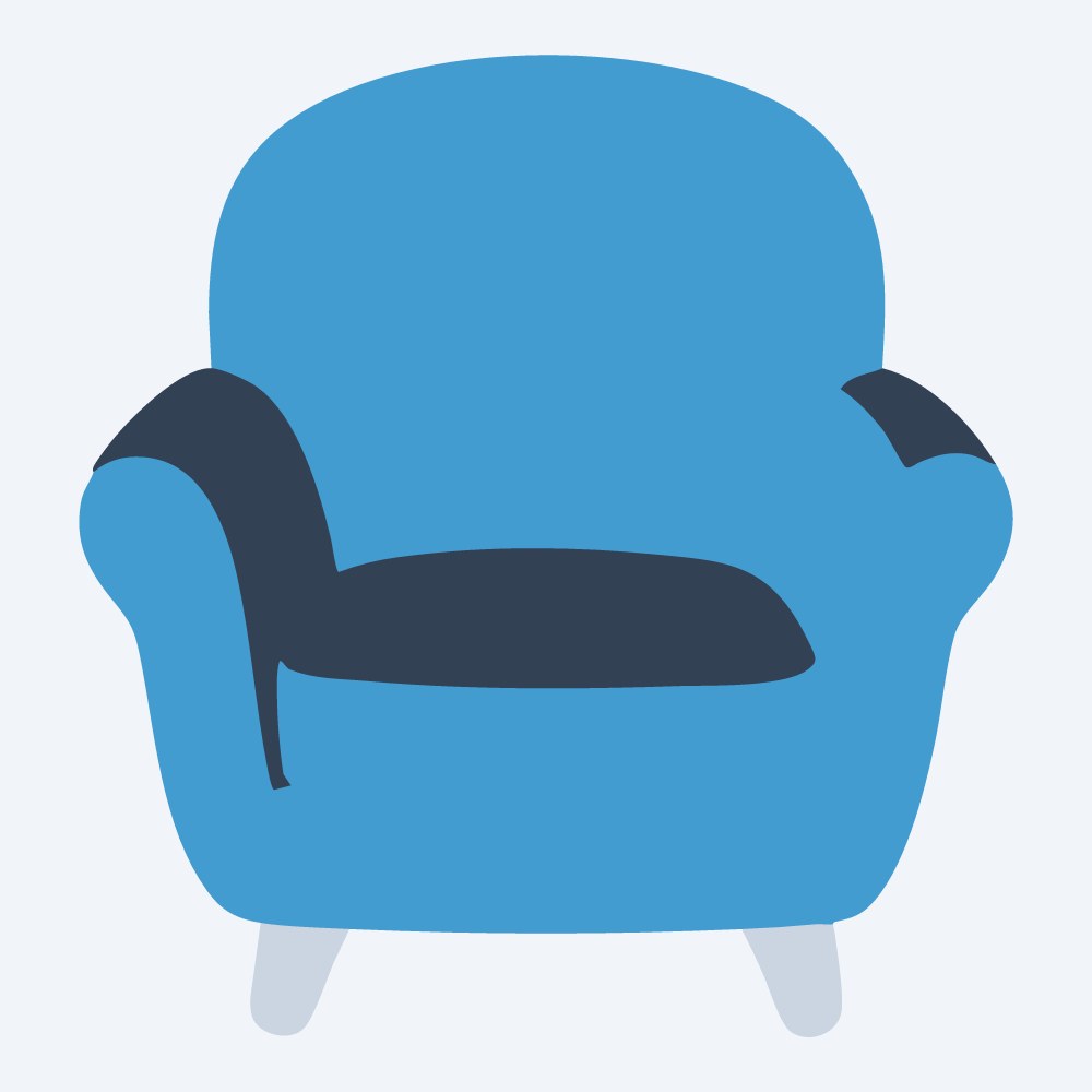 chubby armchair vector, front view, flat 3-color in sky and slate