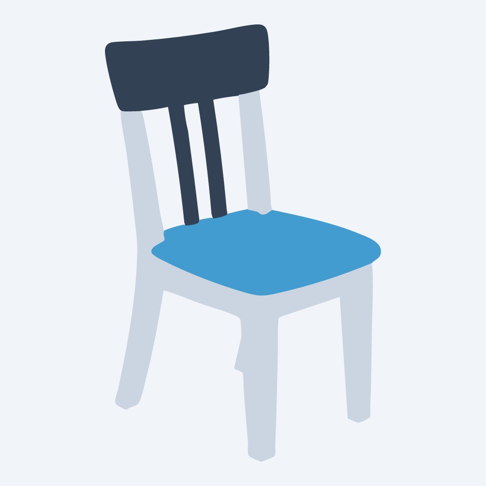 wooden kitchen chair vector, three-quarter view, flat 3-color in sky and slate