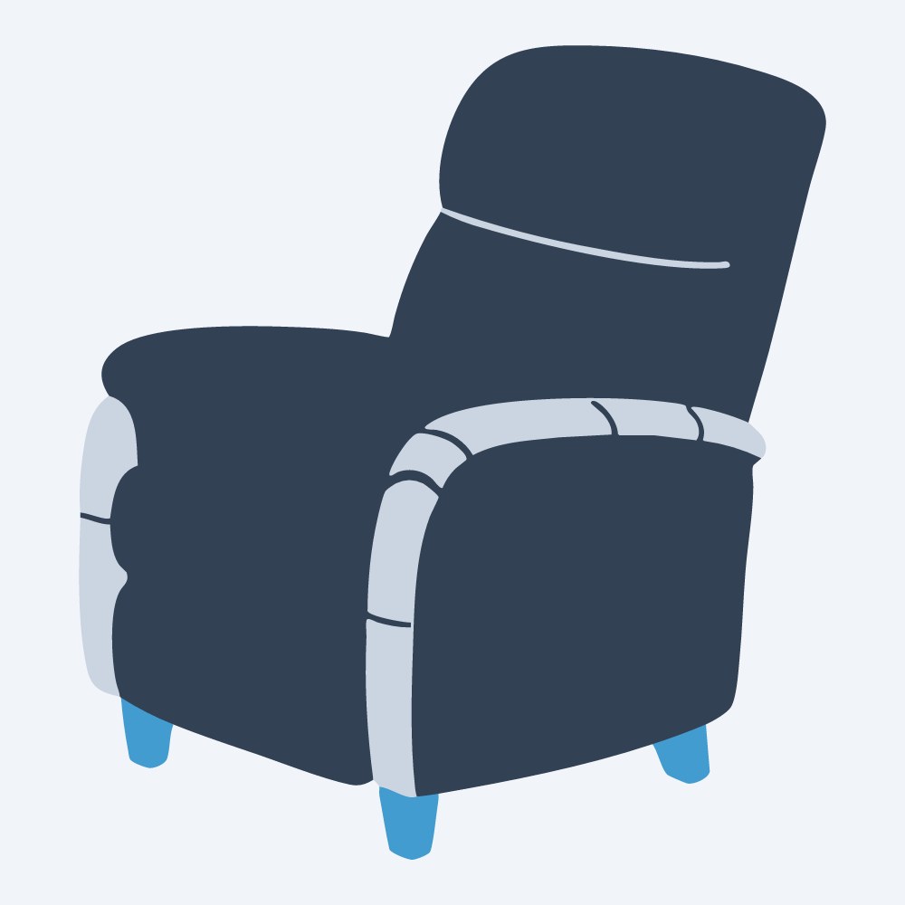 plush recliner chair vector, side view, flat 3-color in sky and slate