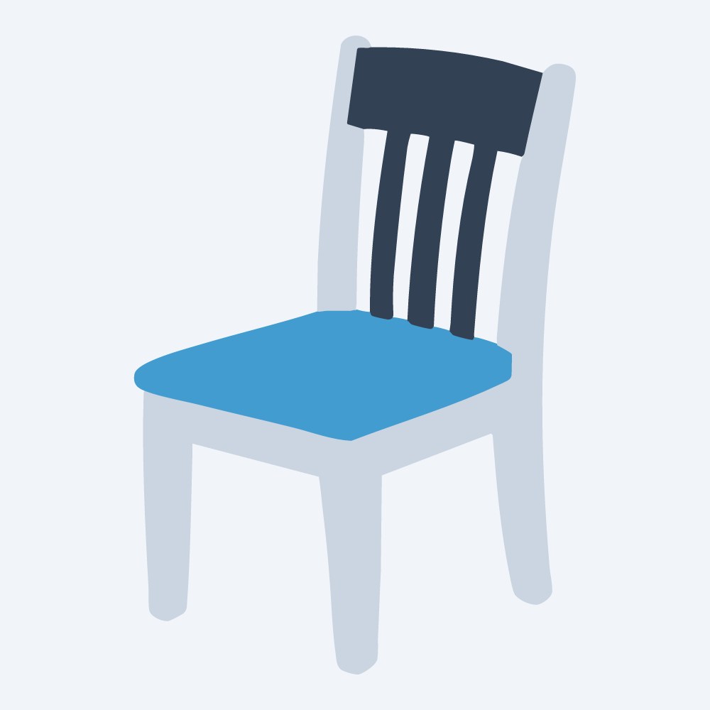 wooden kitchen chair vector, three-quarter view, flat 3-color in sky and slate