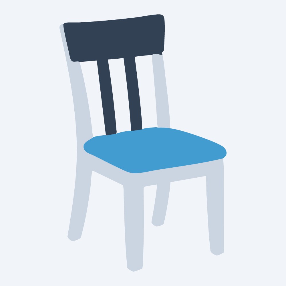 wooden kitchen chair vector, three-quarter view, flat 3-color in sky and slate