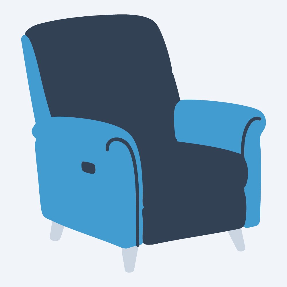 plush recliner chair vector, side view, flat 3-color in sky and slate