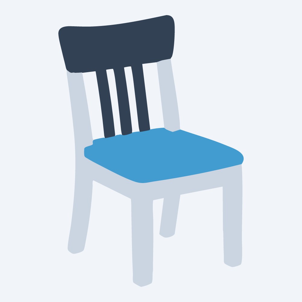 wooden kitchen chair vector, three-quarter view, flat 3-color in sky and slate