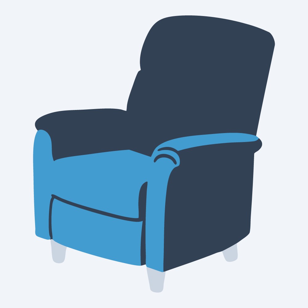 plush recliner chair vector, side view, flat 3-color in sky and slate