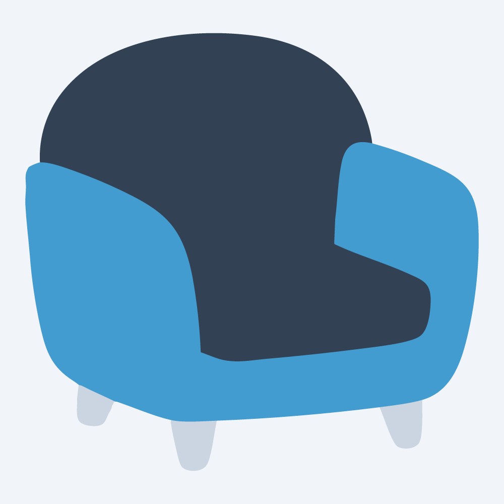 chubby armchair vector, front view, flat 3-color in sky and slate