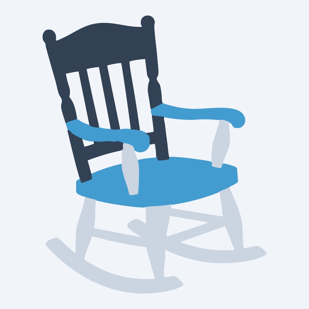 wooden rocking chair vector, side view, flat 3-color in sky and slate