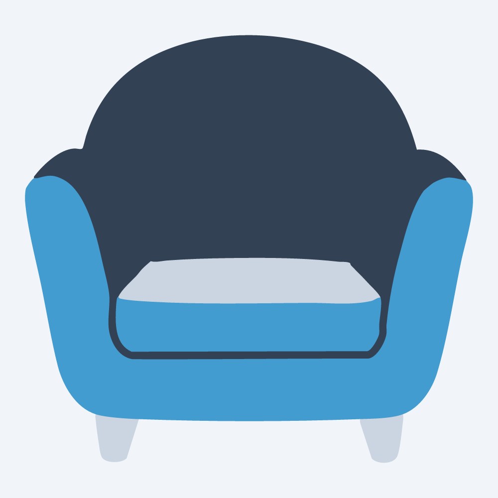 chubby armchair vector, front view, flat 3-color in sky and slate
