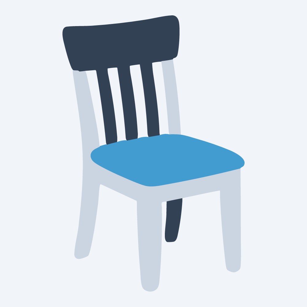 wooden kitchen chair vector, three-quarter view, flat 3-color in sky and slate