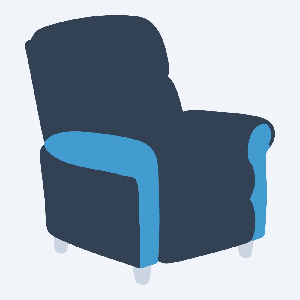 plush recliner chair vector, side view, flat 3-color in sky and slate