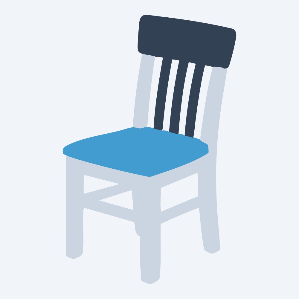 wooden kitchen chair vector, three-quarter view, flat 3-color in sky and slate