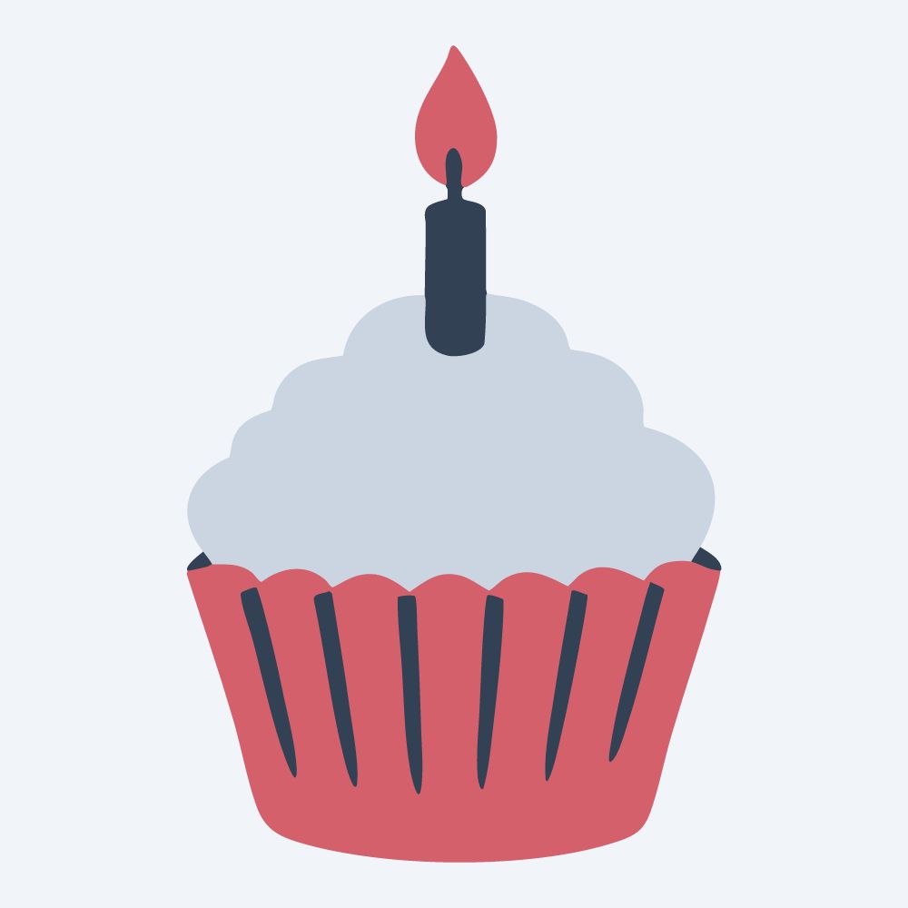 birthday cupcake with a candle vector, front view, flat 3-color in rose and slate