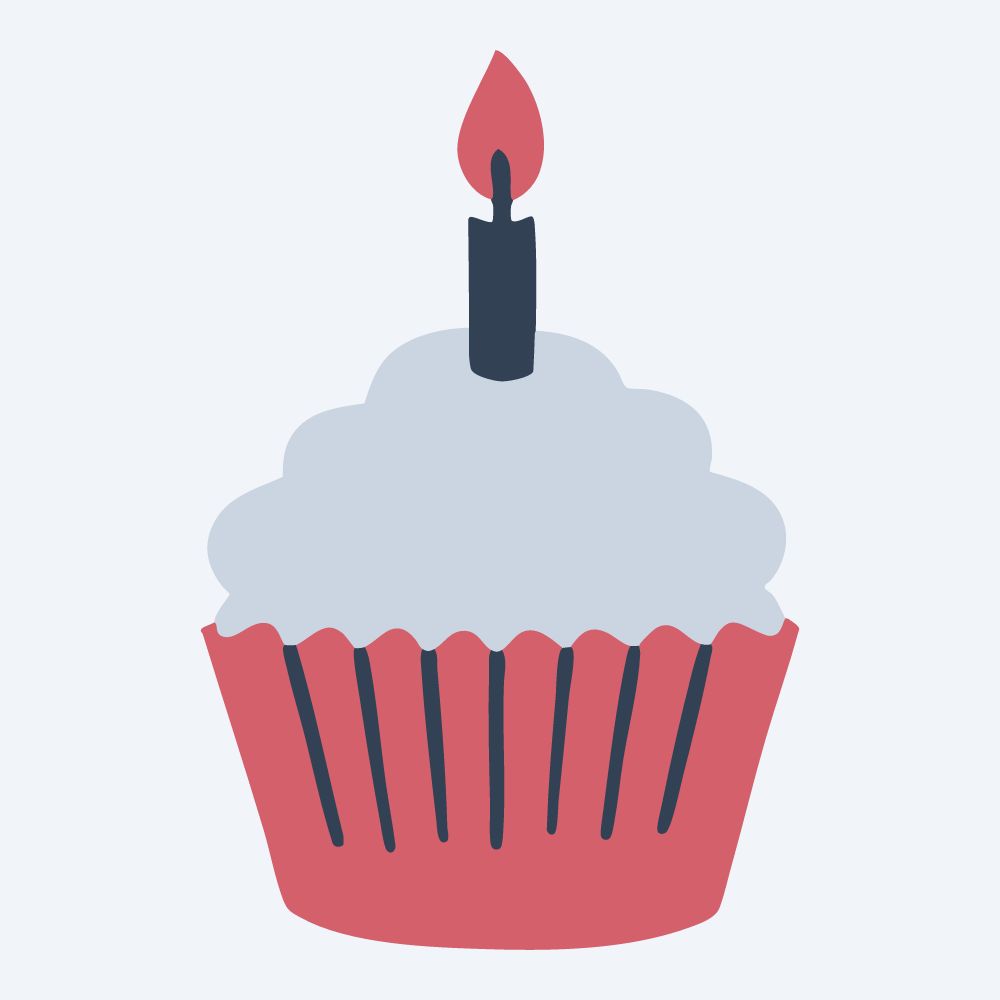 birthday cupcake with a candle vector, front view, flat 3-color in rose and slate