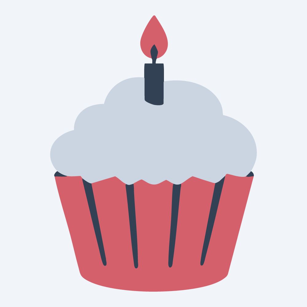 birthday cupcake with a candle vector, front view, flat 3-color in rose and slate