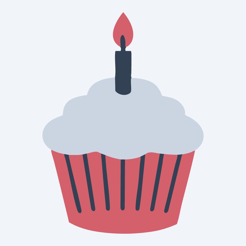 birthday cupcake with a candle vector, front view, flat 3-color in rose and slate
