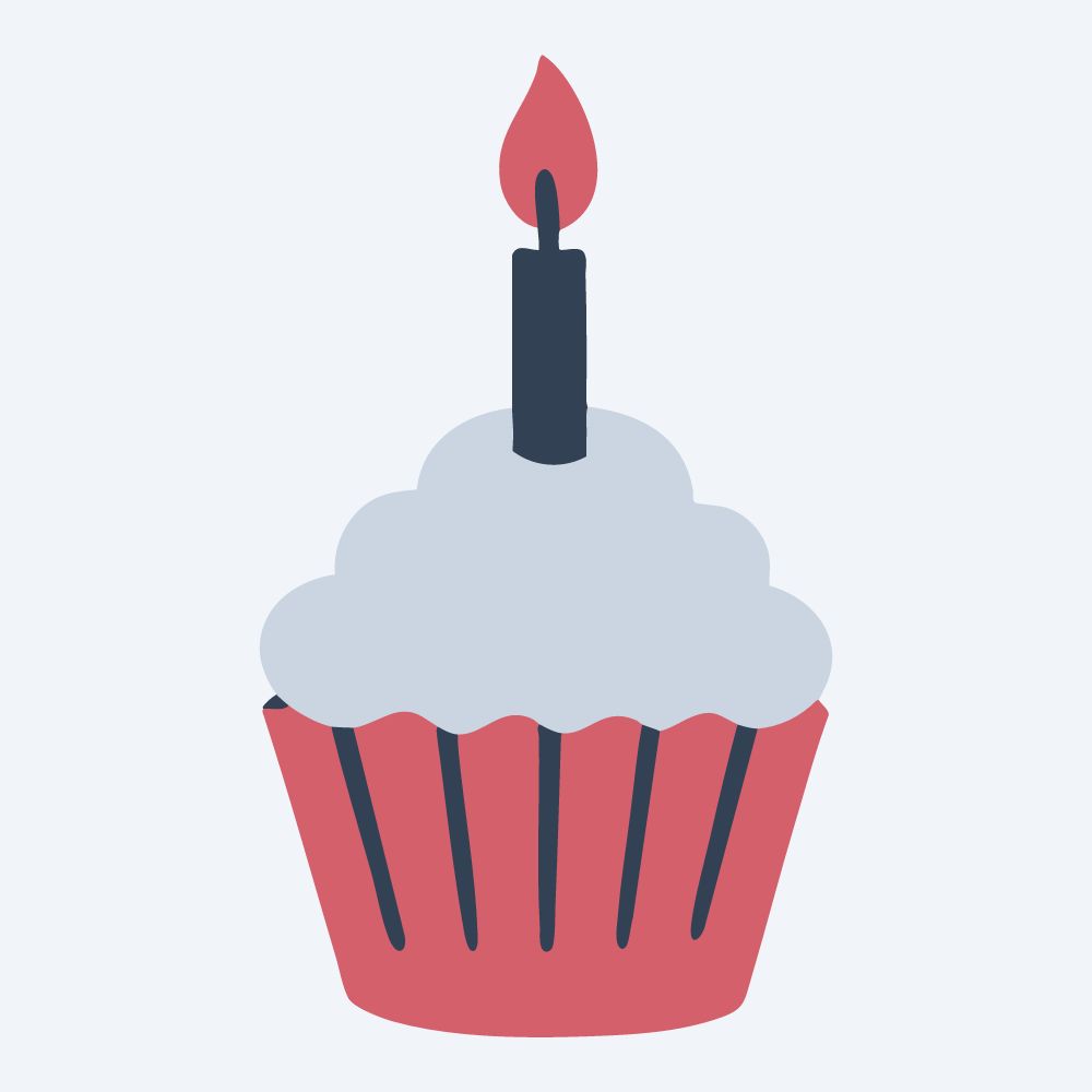 birthday cupcake with a candle vector, front view, flat 3-color in rose and slate