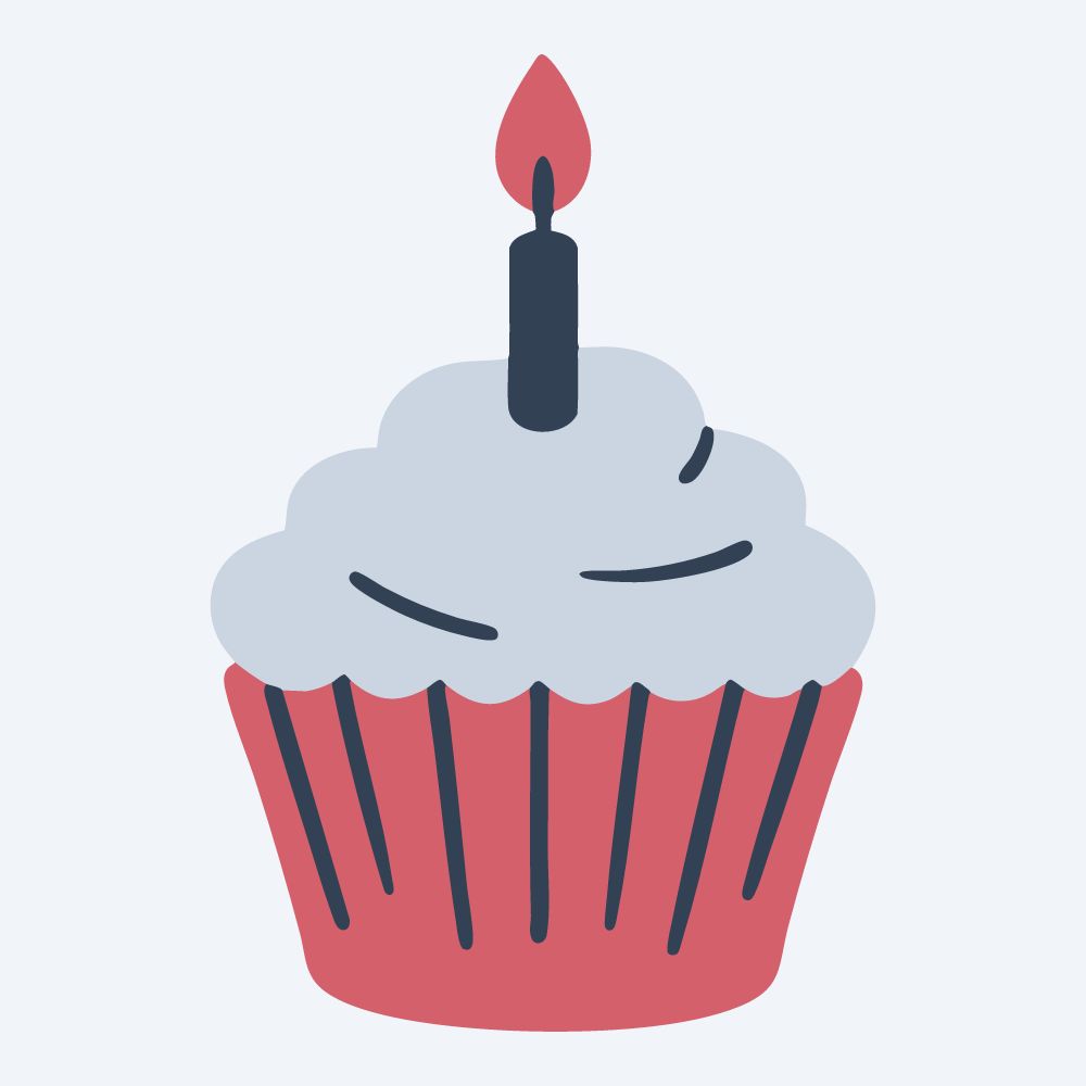 birthday cupcake with a candle vector, front view, flat 3-color in rose and slate