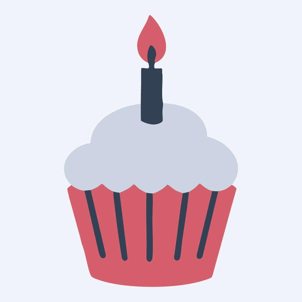 birthday cupcake with a candle vector, front view, flat 3-color in rose and slate
