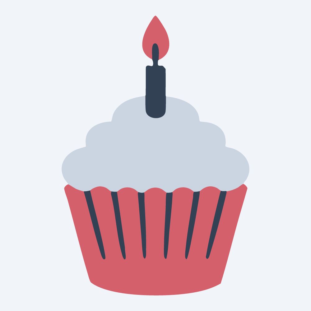 birthday cupcake with a candle vector, front view, flat 3-color in rose and slate