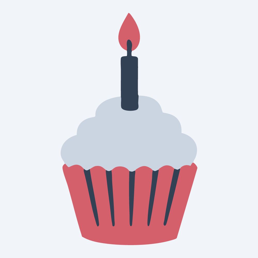 birthday cupcake with a candle vector, front view, flat 3-color in rose and slate