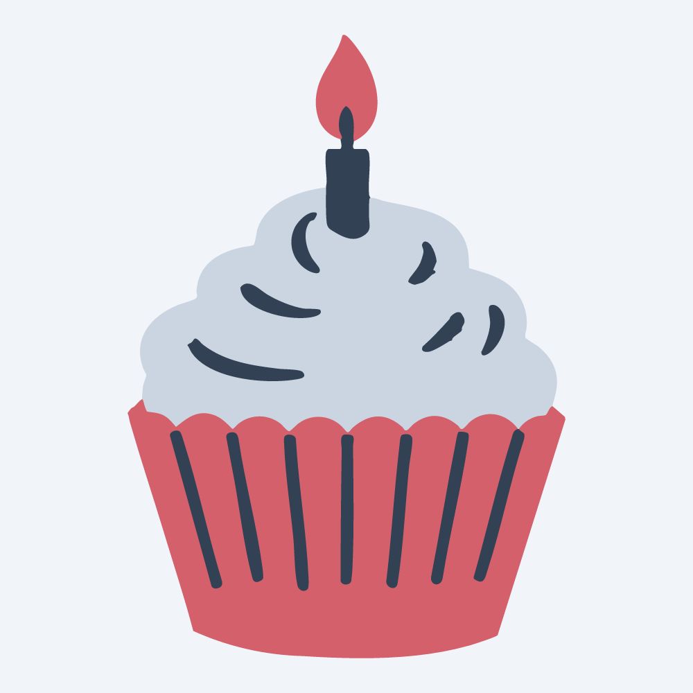 birthday cupcake with a candle vector, front view, flat 3-color in rose and slate