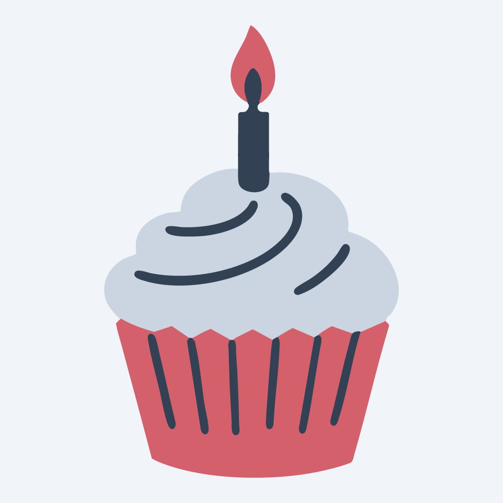 birthday cupcake with a candle vector, front view, flat 3-color in rose and slate