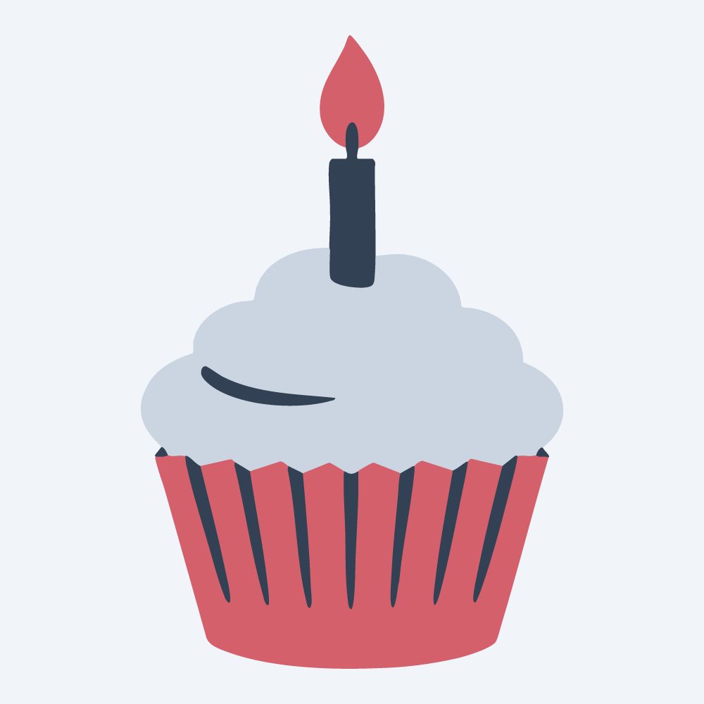 birthday cupcake with a candle vector, front view, flat 3-color in rose and slate