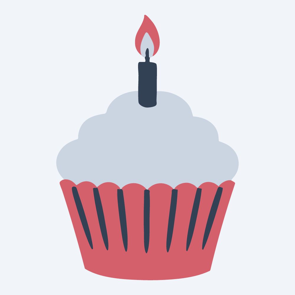 birthday cupcake with a candle vector, front view, flat 3-color in rose and slate
