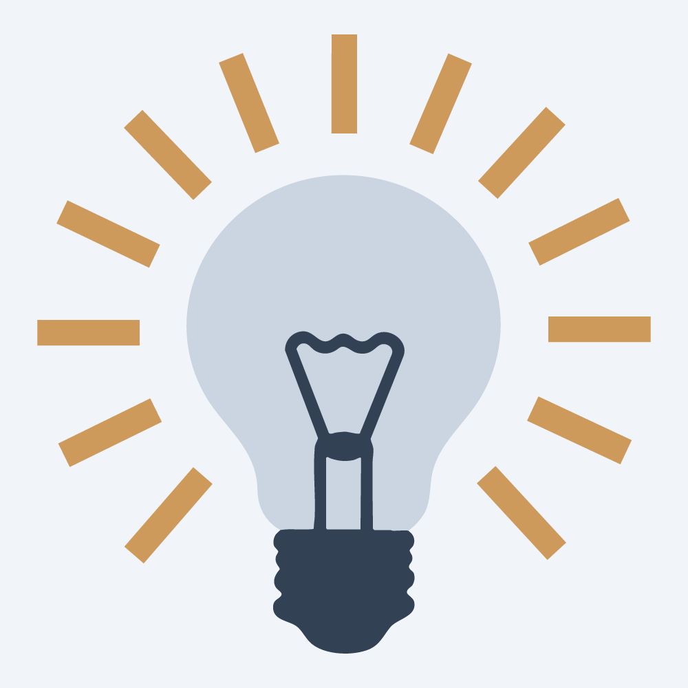 glowing light bulb drawing, front view, flat 3-color in amber and slate