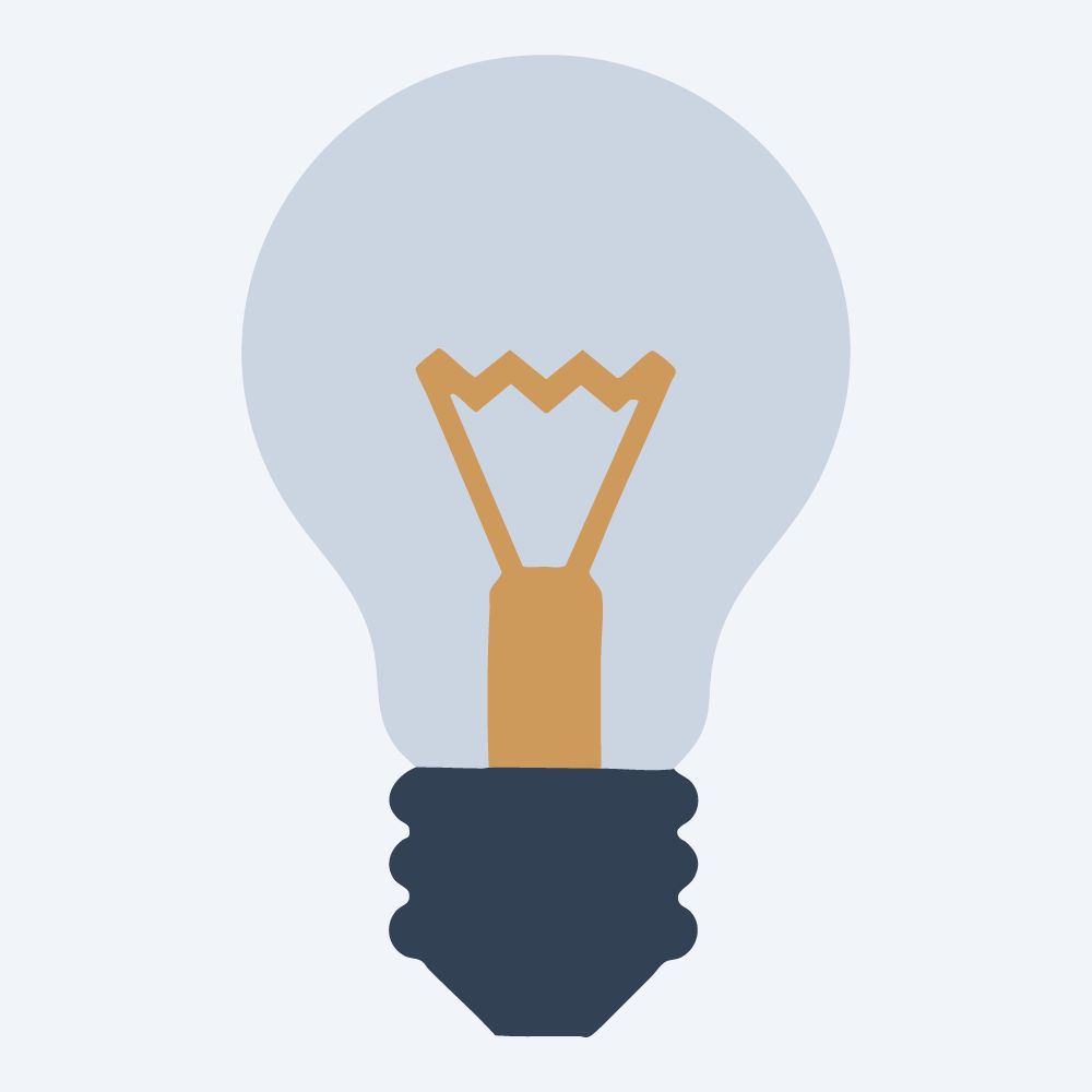 geometric light bulb drawing, front view, flat 3-color in amber and slate