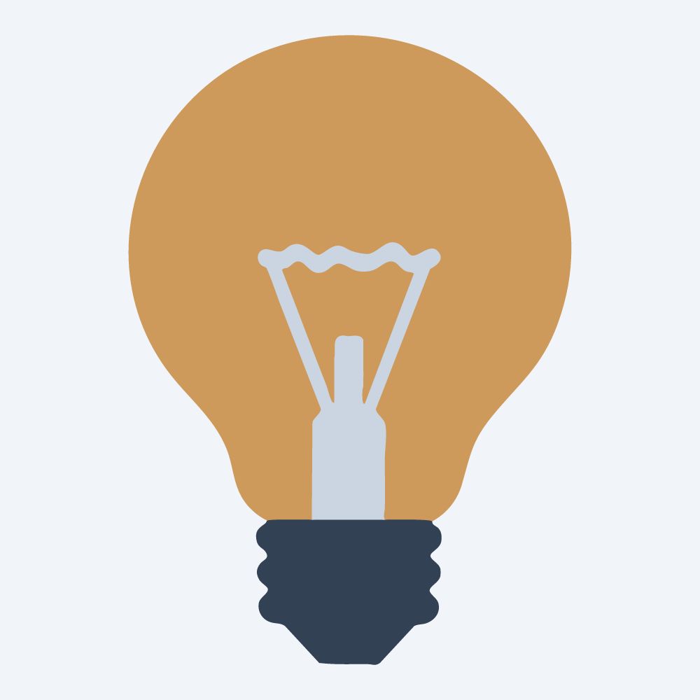 round light bulb drawing, front view, flat 3-color in amber and slate
