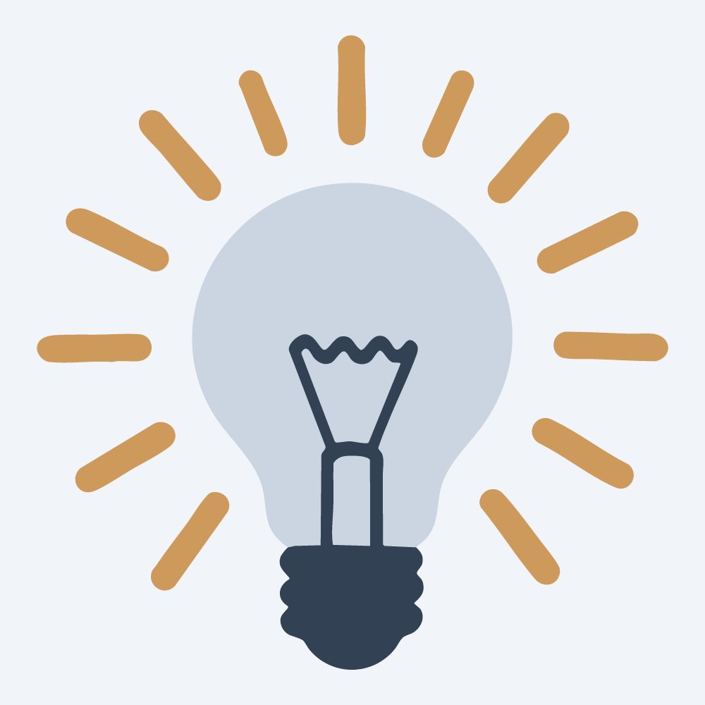 glowing light bulb drawing, front view, flat 3-color in amber and slate