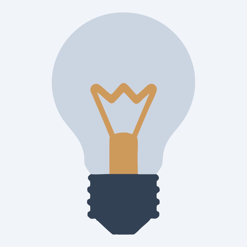 geometric light bulb drawing, front view, flat 3-color in amber and slate