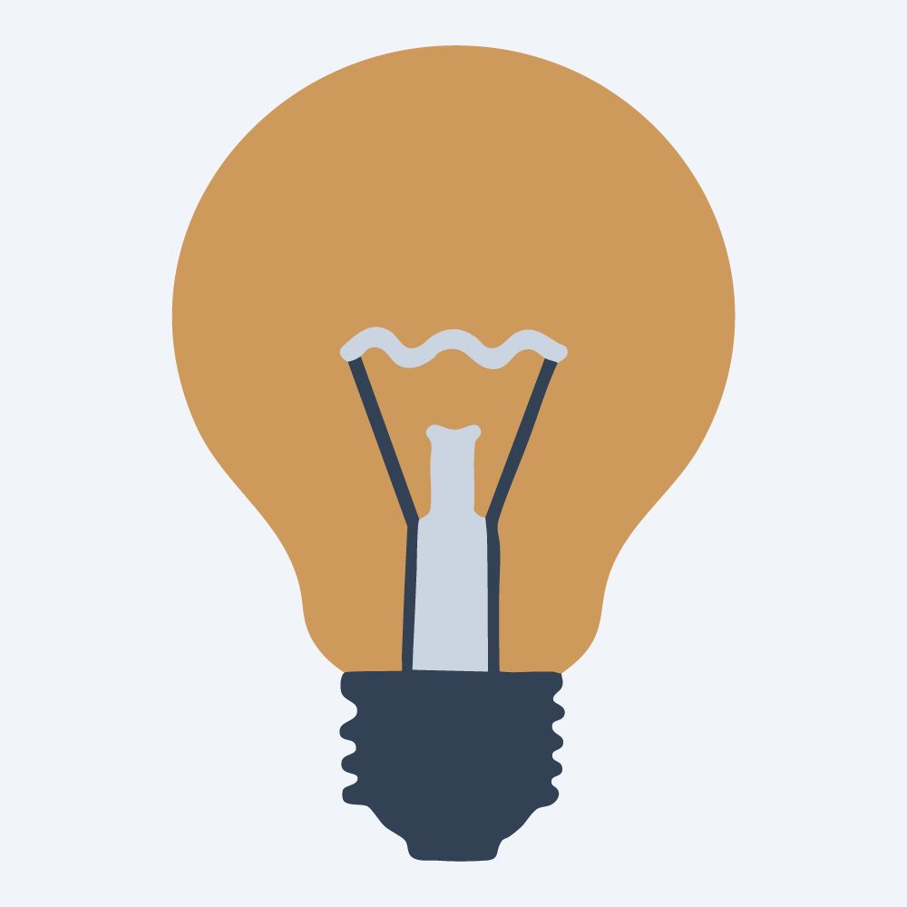 round light bulb drawing, front view, flat 3-color in amber and slate