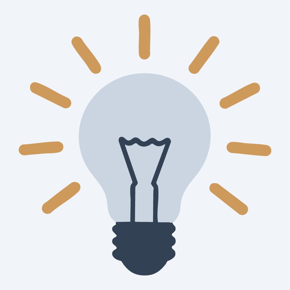 glowing light bulb drawing, front view, flat 3-color in amber and slate