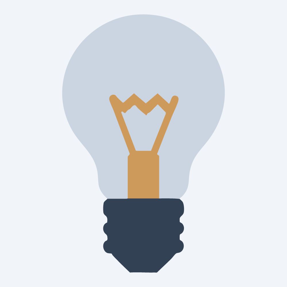 geometric light bulb drawing, front view, flat 3-color in amber and slate