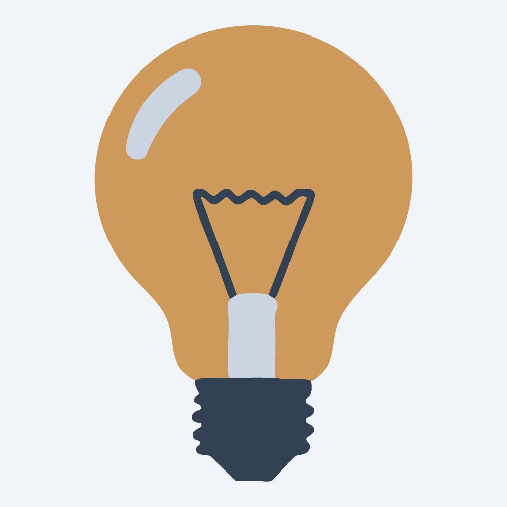 round light bulb drawing, front view, flat 3-color in amber and slate