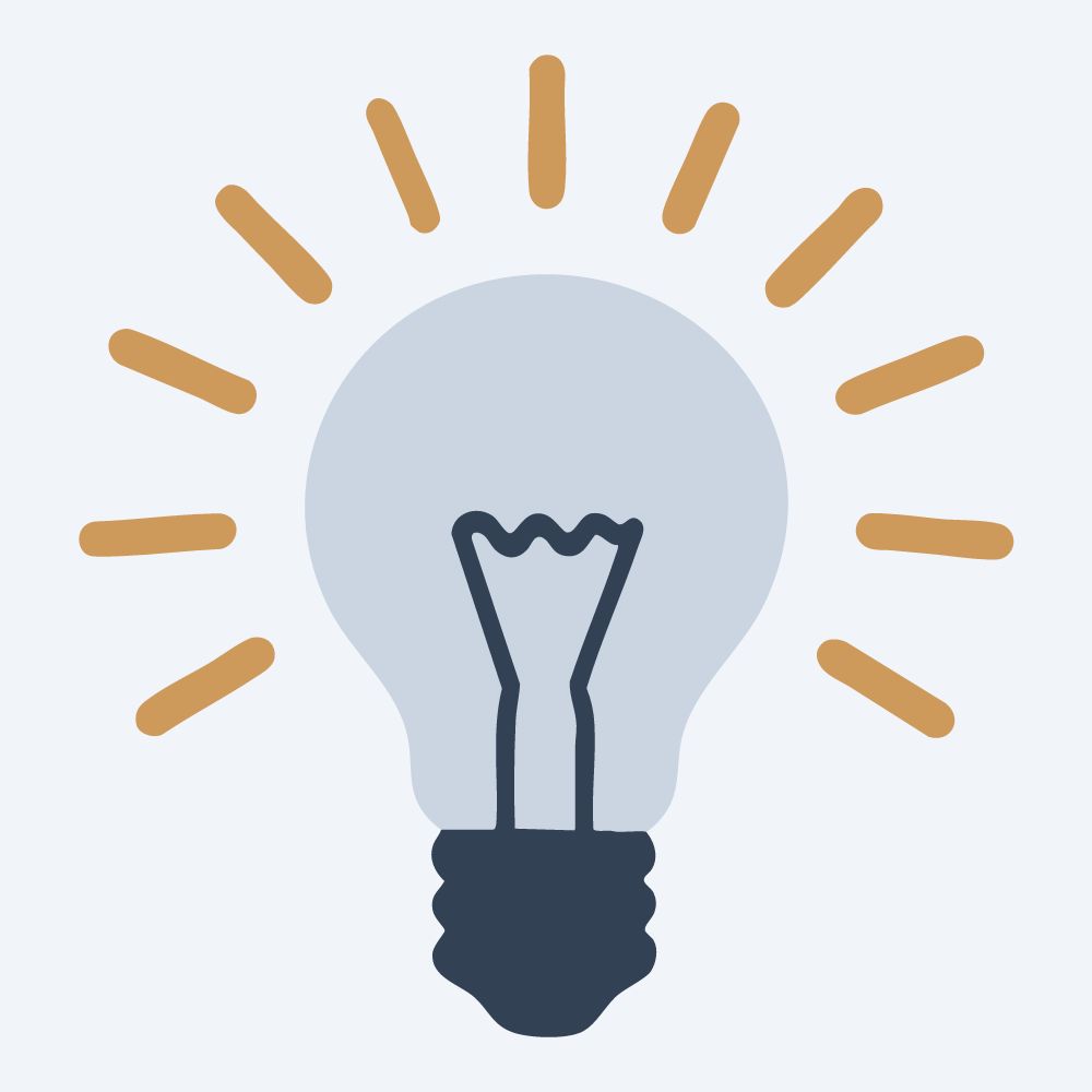 glowing light bulb drawing, front view, flat 3-color in amber and slate