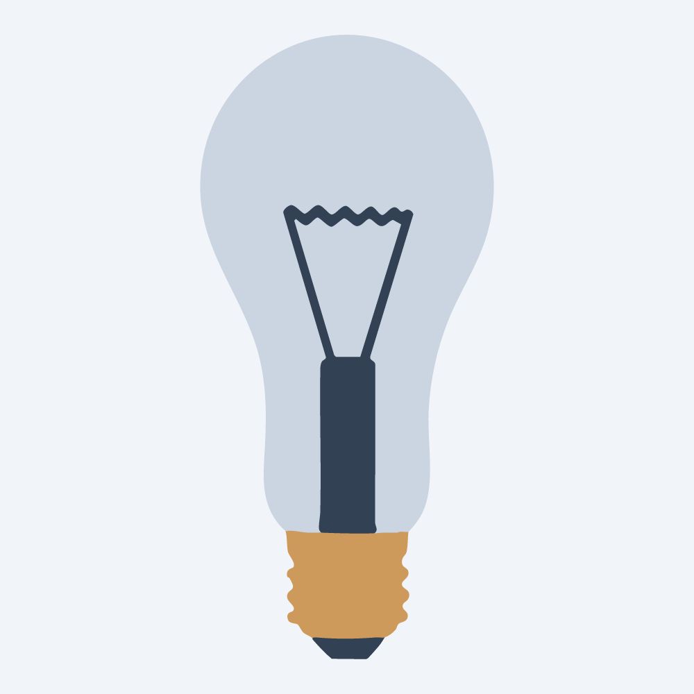 slender filament bulb drawing, side view, flat 3-color in amber and slate