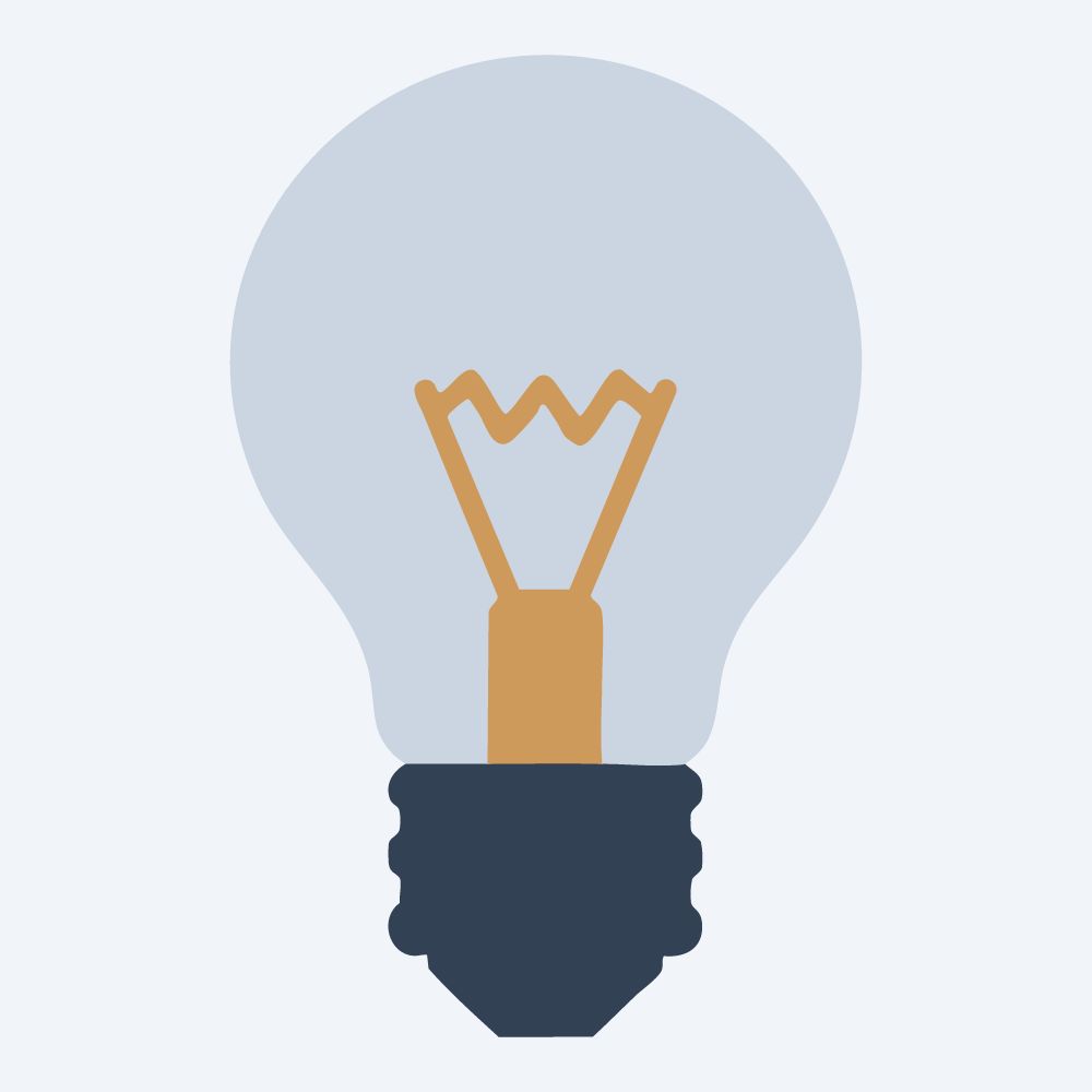 geometric light bulb drawing, front view, flat 3-color in amber and slate