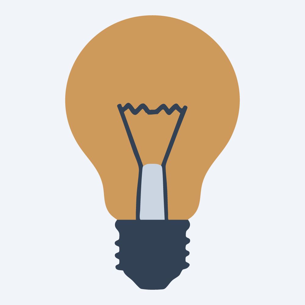 round light bulb drawing, front view, flat 3-color in amber and slate