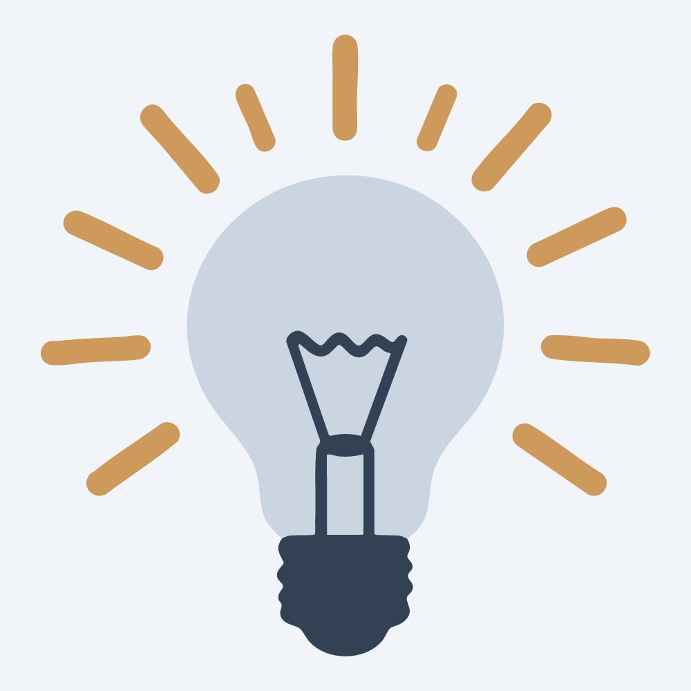 glowing light bulb drawing, front view, flat 3-color in amber and slate