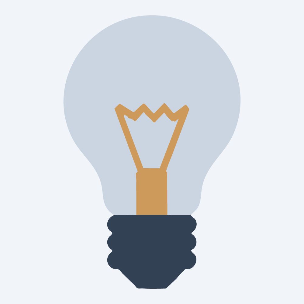 geometric light bulb drawing, front view, flat 3-color in amber and slate